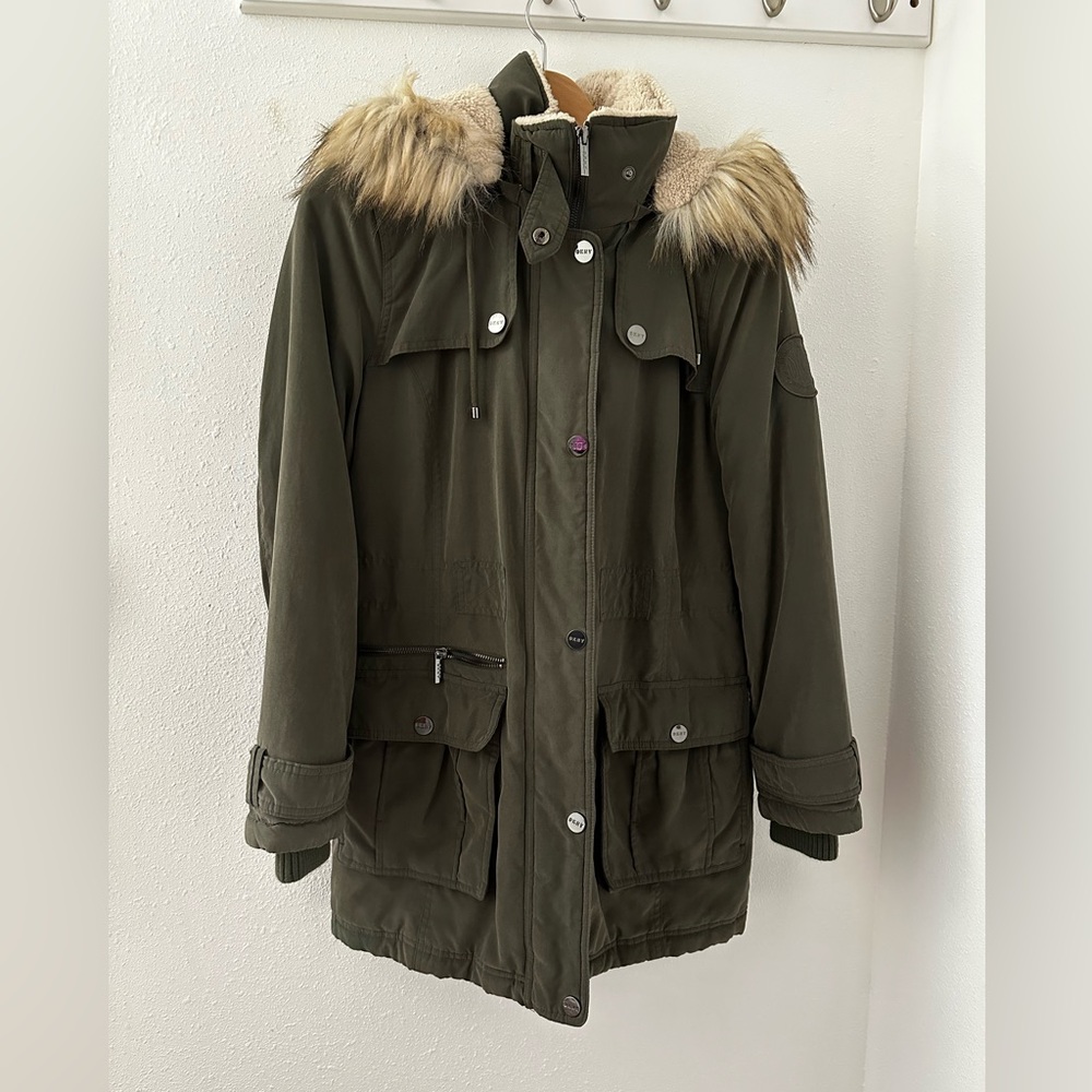 DKNY Olive Puffer Jacket with Faux Fur Hooded